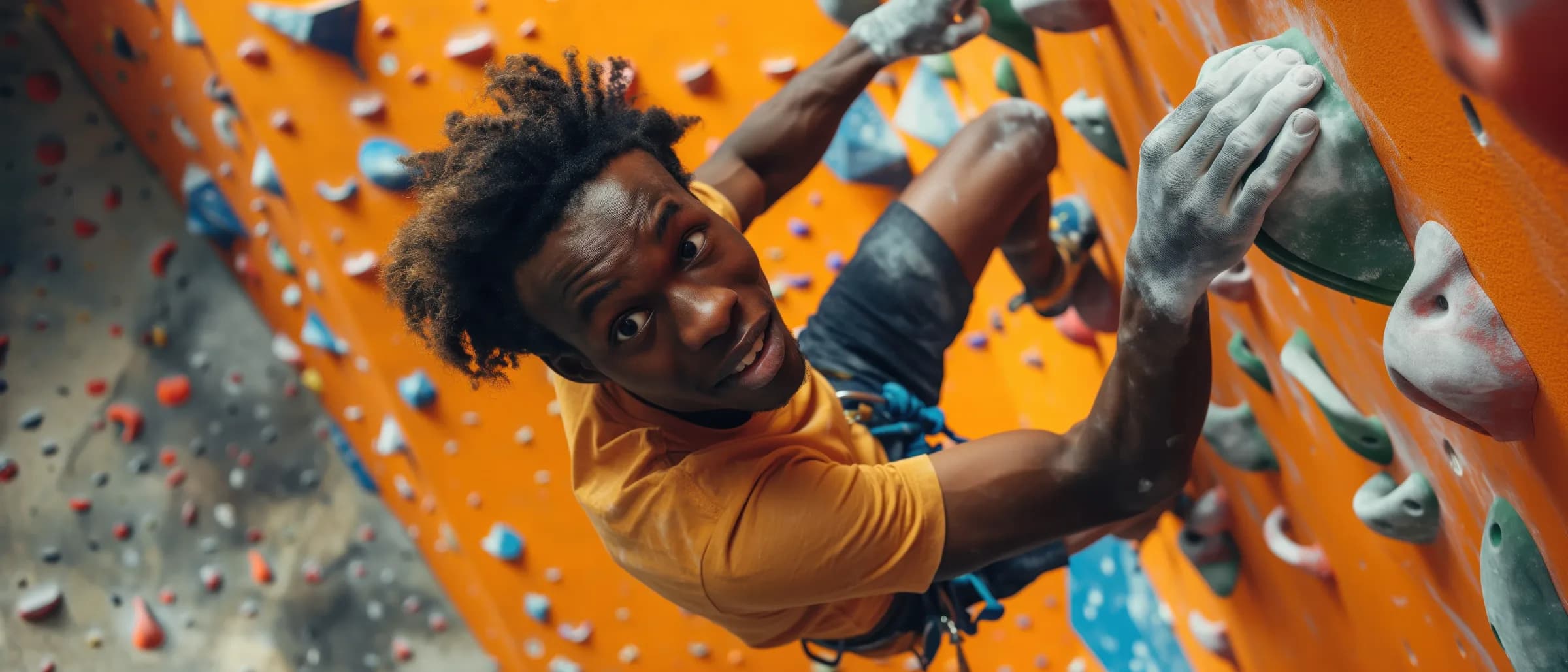 Vu d’en haut, un grimpeur aux mains couvertes de magnésie tient une grosse prise sur un mur orange.