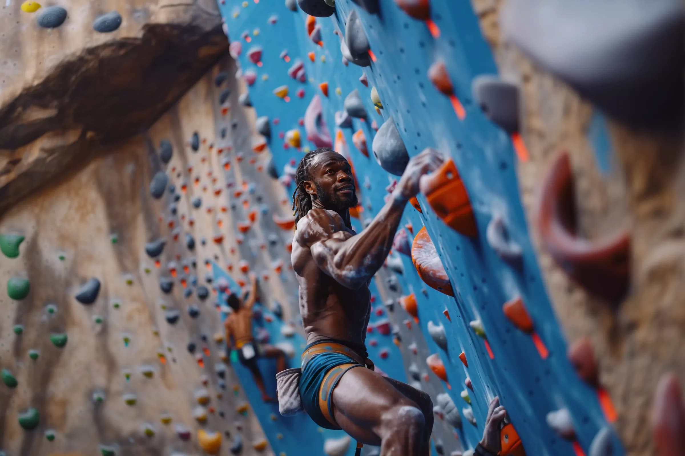 Un grimpeur concentré saisit une prise orange sur un grand mur bleu en dévers.